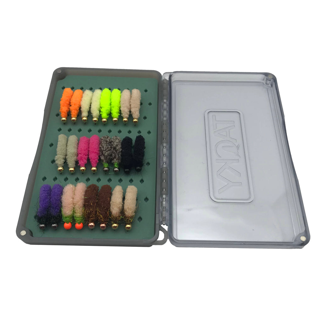 Mop Fly Sample Assortment with Original Tacky Fly Box - 2 Dozen Flies